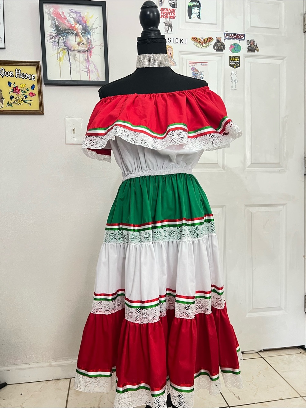 Off-Shoulder Tiered Mexican Fiesta Dress in Red, Green & White